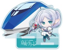Brindes em acrílico com os personagens de Frieren e o trem Skyliner.
