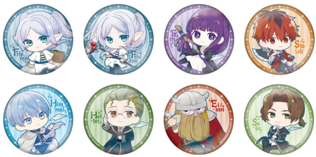 Can badges colecionáveis com personagens de Frieren para o evento de stamp rally.