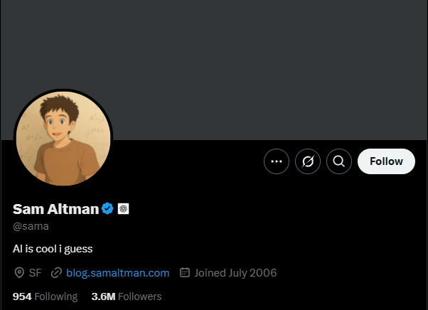 Imagem do perfil no X do CEO da OpenAI, Sam Altman, usando imagem AI estilo Ghibli.