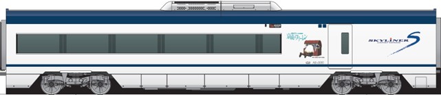 Design do Carro 8 do trem Skyliner com Frieren, Stark e Fern do anime Frieren.